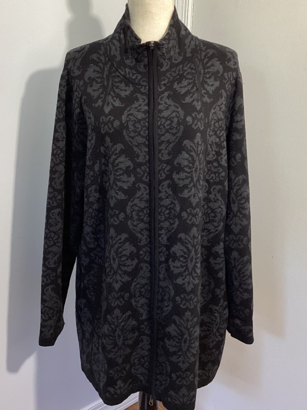 CYNTHIA ROWLEY ACTIVE 3X FULL ZIP JACQUARD BLACK GRAY  SWEATER JACKET